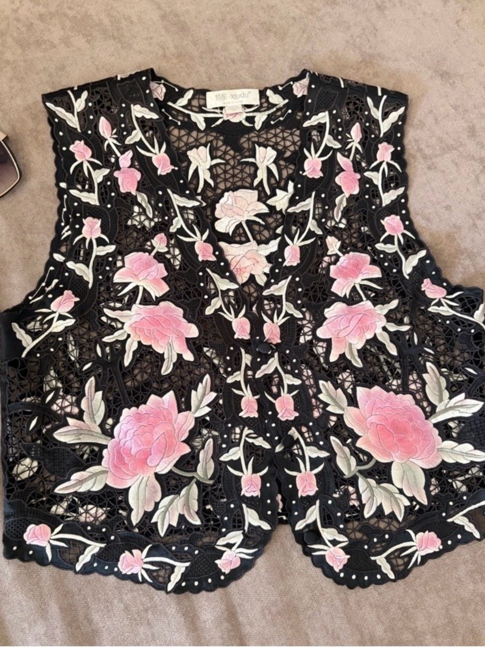 Vintage Chinese Crochet Embroidered Black Vest  with Pink Floral Appliqué